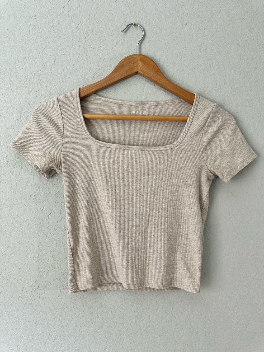 Hollister Neutral Ribbed Square-Neck Crop Top - Light Beige